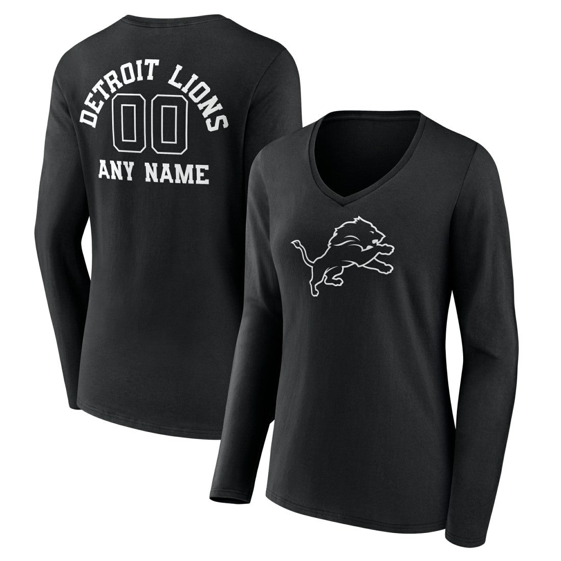 Detroit Lions Women's Personalized Name & Number Monochrome Long Sleeve V-Neck T-Shirt Black
