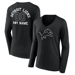 Detroit Lions Women's Personalized Name & Number Monochrome Long Sleeve V-Neck T-Shirt Black
