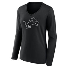 Detroit Lions Women's Personalized Name & Number Monochrome Long Sleeve V-Neck T-Shirt Black