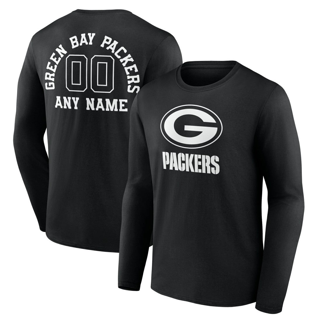 Green Bay Packers Personalized Name & Number Monochrome Long Sleeve T-Shirt Black