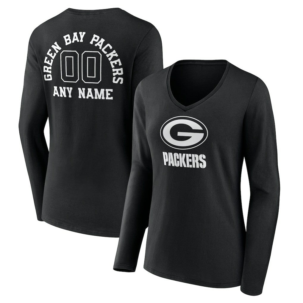 Green Bay Packers Women's Personalized Name & Number Monochrome Long Sleeve V-Neck T-Shirt Black