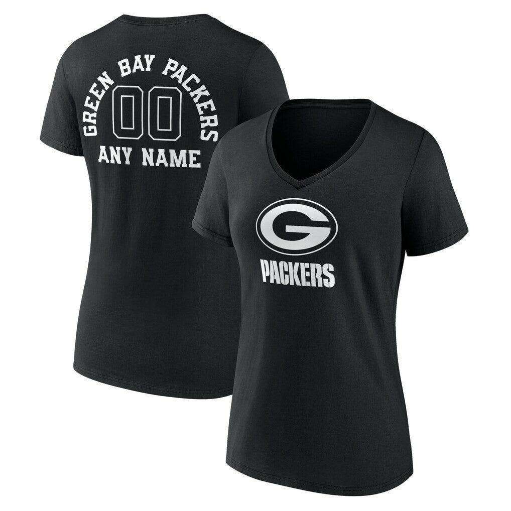 Green Bay Packers Women's Personalized Name & Number Monochrome V-Neck T-Shirt Black