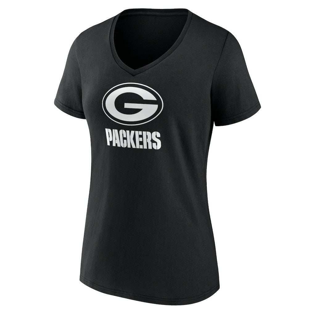 Green Bay Packers Women's Personalized Name & Number Monochrome V-Neck T-Shirt Black