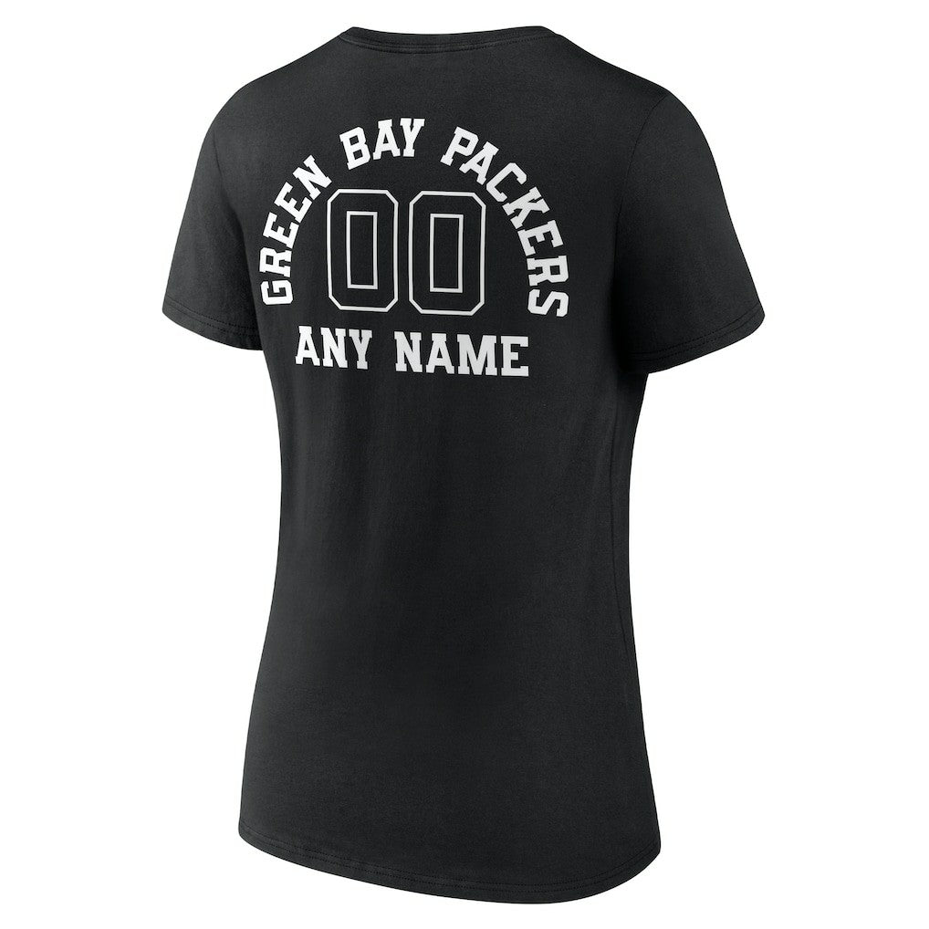 Green Bay Packers Women's Personalized Name & Number Monochrome V-Neck T-Shirt Black