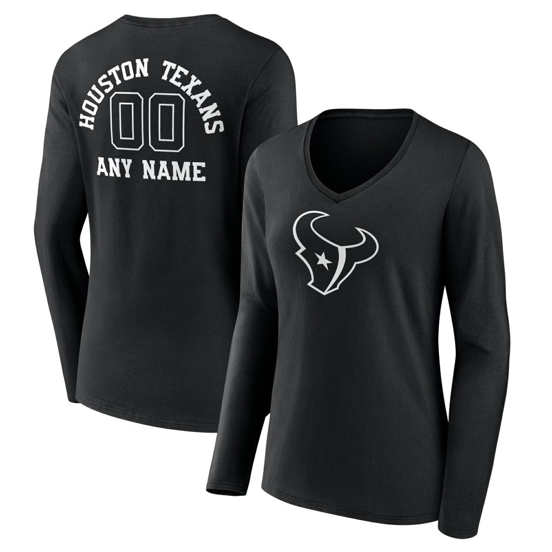 Houston Texans Women's Personalized Name & Number Monochrome Long Sleeve V-Neck T-Shirt Black
