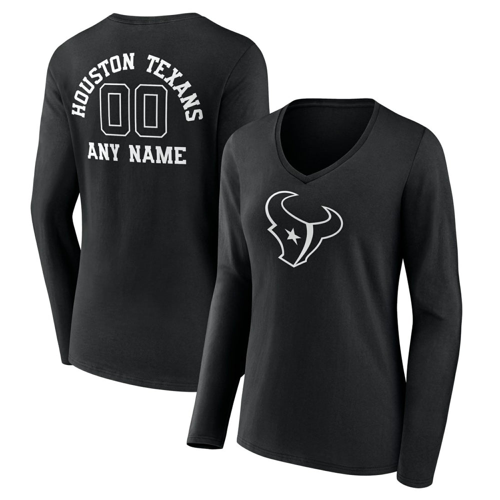 Houston Texans Women's Personalized Name & Number Monochrome Long Sleeve V-Neck T-Shirt Black
