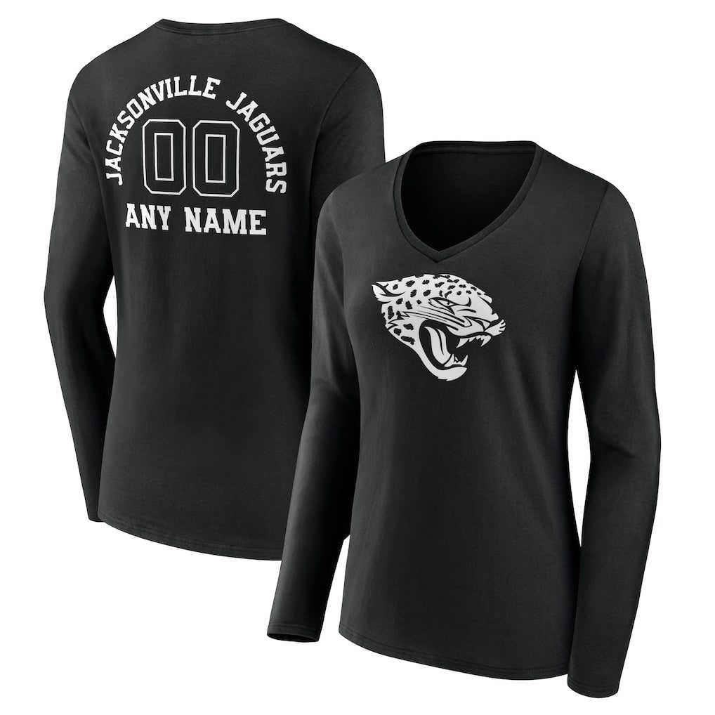 Jacksonville Jaguars Women's Personalized Name & Number Monochrome Long Sleeve V-Neck T-Shirt Black