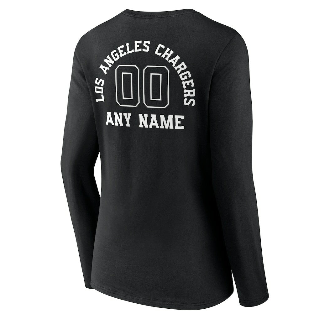 Los Angeles Chargers Women's Personalized Name & Number Monochrome Long Sleeve V-Neck T-Shirt Black
