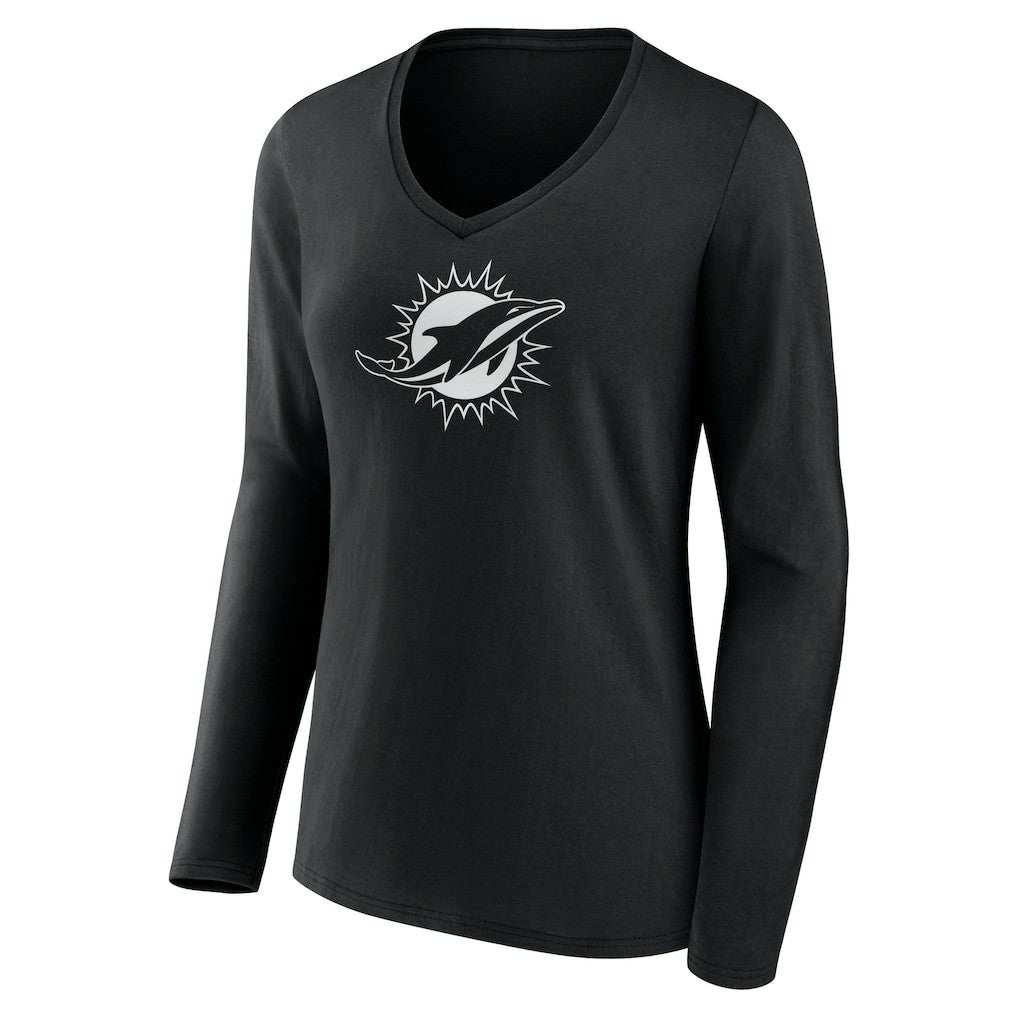 Miami Dolphins Women's Personalized Name & Number Monochrome Long Sleeve V-Neck T-Shirt Black