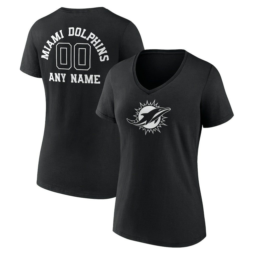 Miami Dolphins Women's Personalized Name & Number Monochrome V-Neck T-Shirt Black