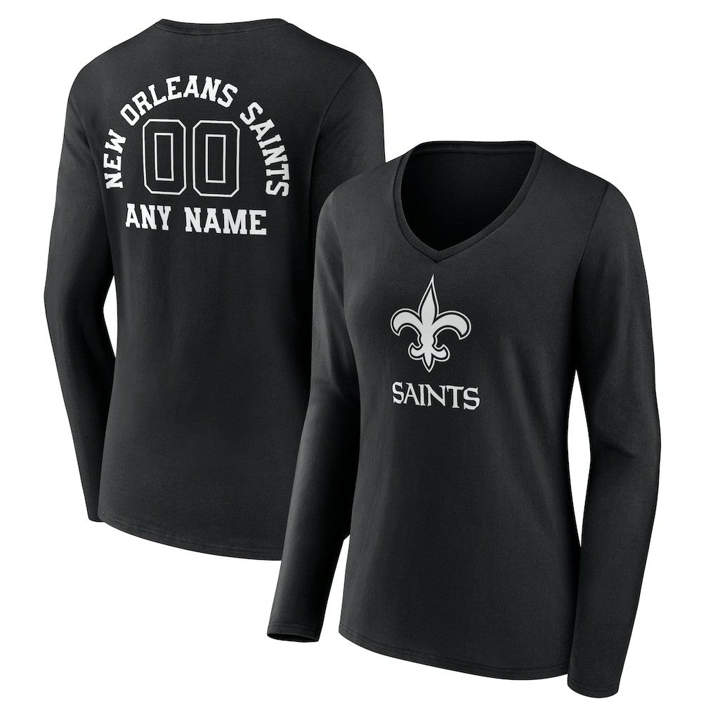 New Orleans Saints Women's Personalized Name & Number Monochrome Long Sleeve V-Neck T-Shirt Black