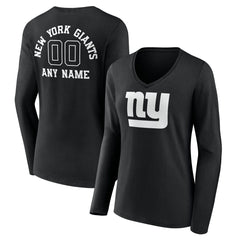New York Giants Women's Personalized Name & Number Monochrome Long Sleeve V-Neck T-Shirt Black