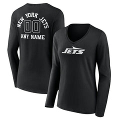 New York Jets Women's Personalized Name & Number Monochrome Long Sleeve V-Neck T-Shirt Black