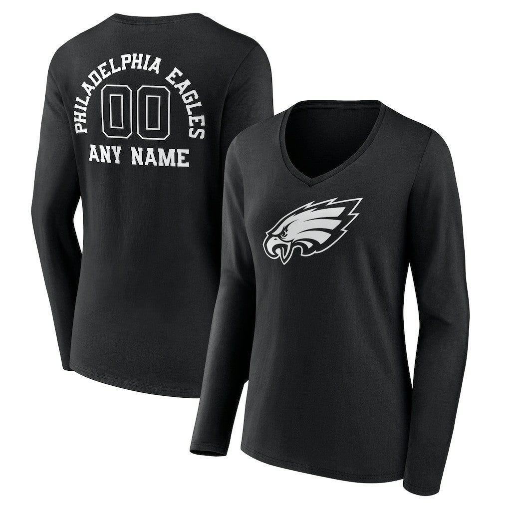 Philadelphia Eagles Women's Personalized Name & Number Monochrome Long Sleeve V-Neck T-Shirt Black