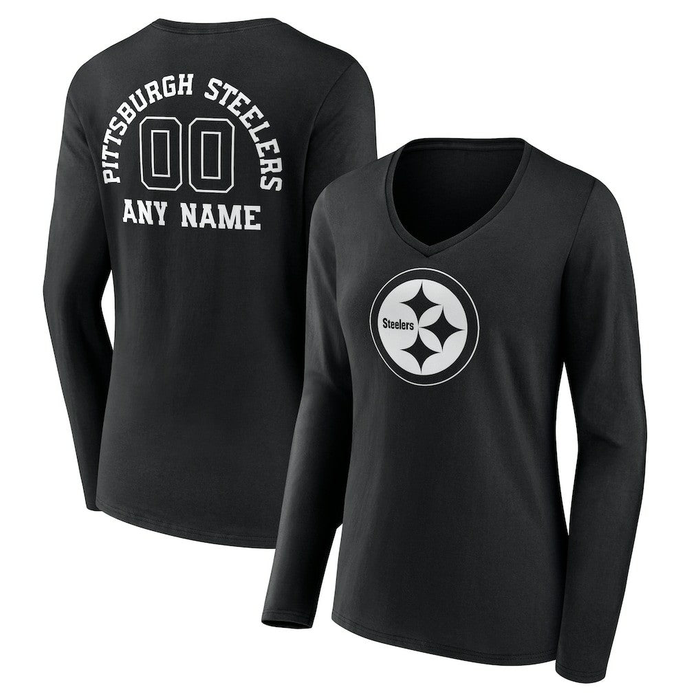 Pittsburgh Steelers Women's Personalized Name & Number Monochrome Long Sleeve V-Neck T-Shirt Black