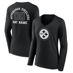 Pittsburgh Steelers Women's Personalized Name & Number Monochrome Long Sleeve V-Neck T-Shirt Black