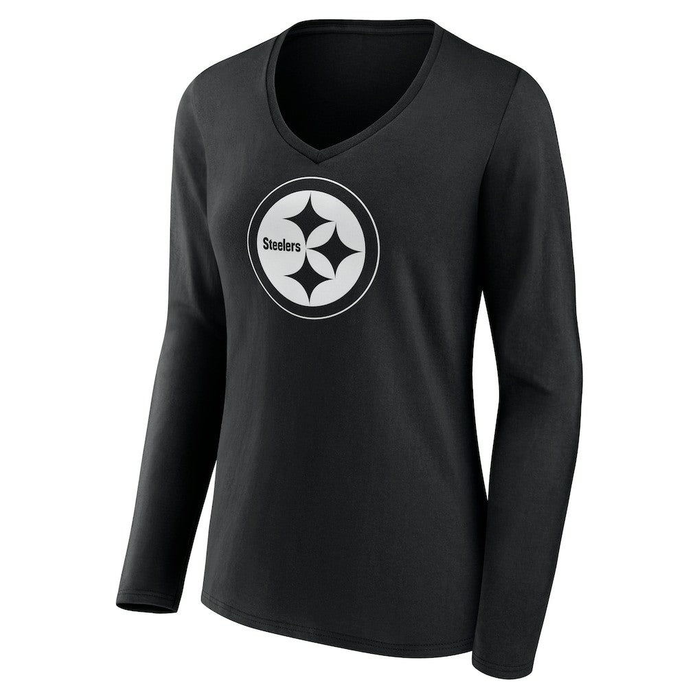 Pittsburgh Steelers Women's Personalized Name & Number Monochrome Long Sleeve V-Neck T-Shirt Black