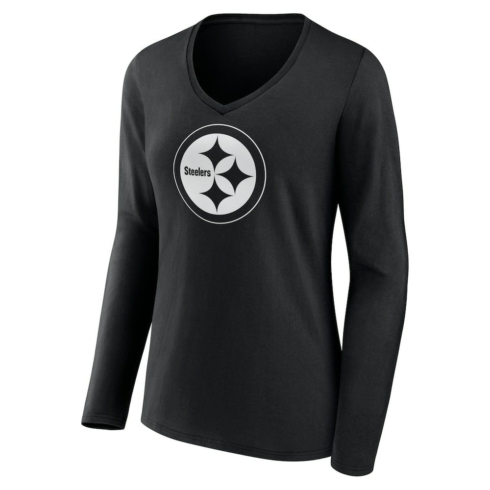 Pittsburgh Steelers Women's Personalized Name & Number Monochrome Long Sleeve V-Neck T-Shirt Black