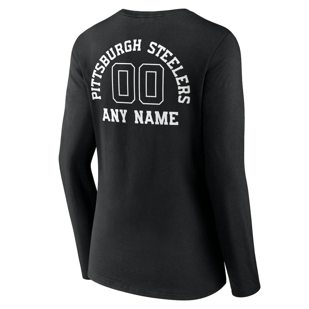 Pittsburgh Steelers Women's Personalized Name & Number Monochrome Long Sleeve V-Neck T-Shirt Black