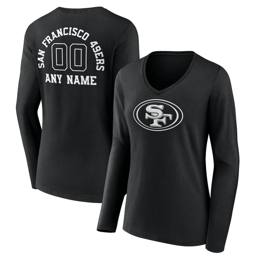 San Francisco 49ers Women's Personalized Name & Number Monochrome Long Sleeve V-Neck T-Shirt Black