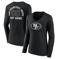 San Francisco 49ers Women's Personalized Name & Number Monochrome Long Sleeve V-Neck T-Shirt Black