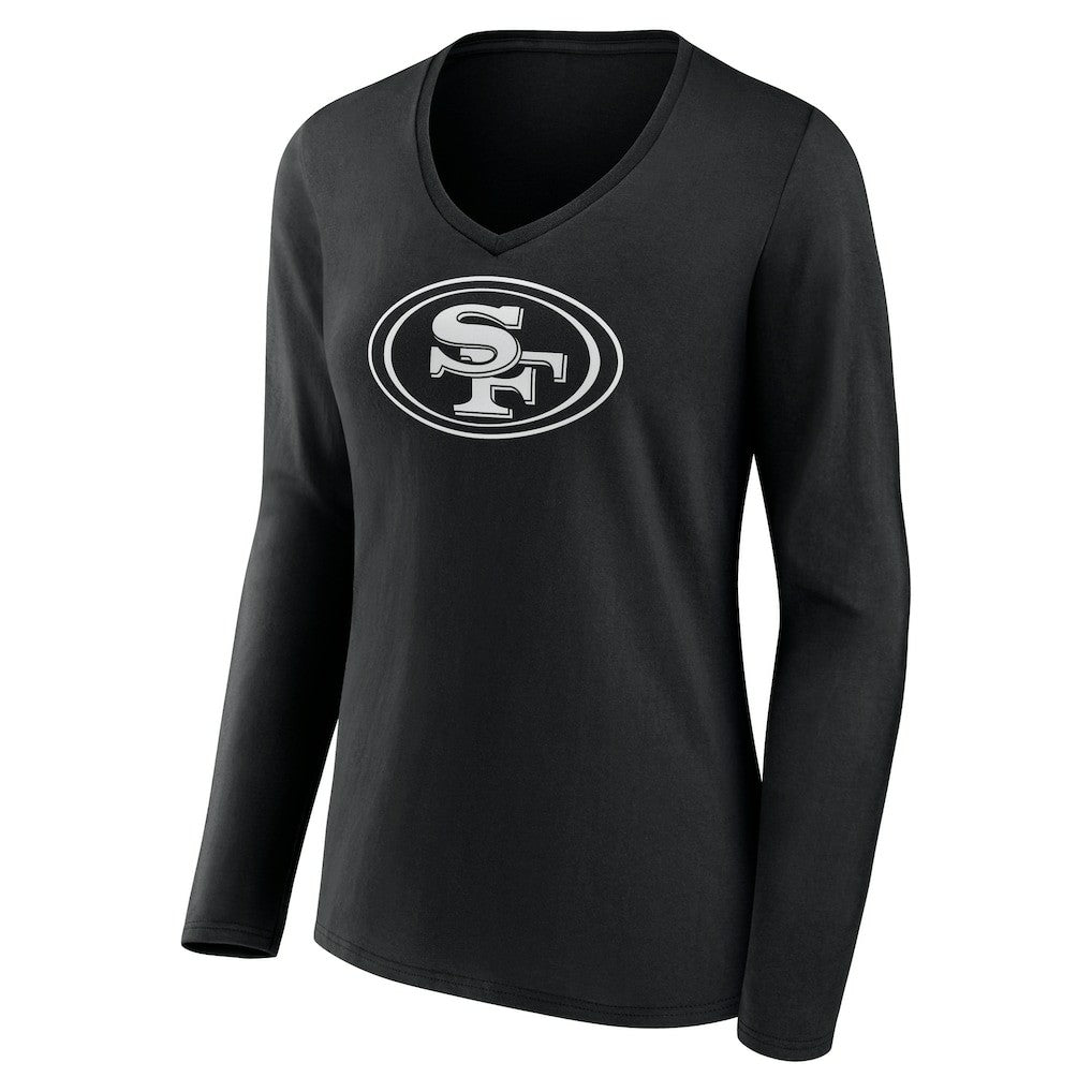 San Francisco 49ers Women's Personalized Name & Number Monochrome Long Sleeve V-Neck T-Shirt Black
