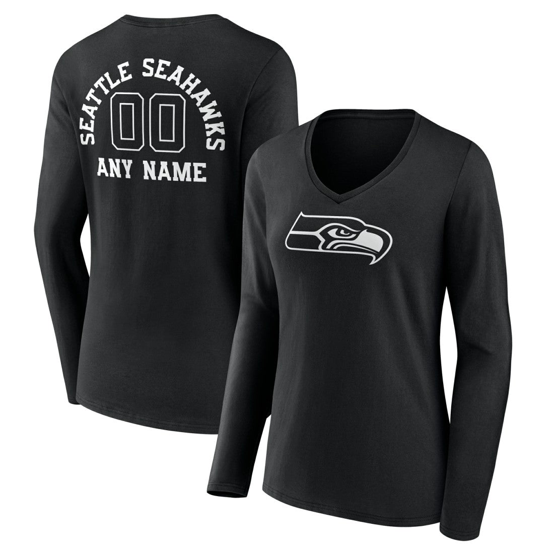 Seattle Seahawks Women's Personalized Name & Number Monochrome Long Sleeve V-Neck T-Shirt Black