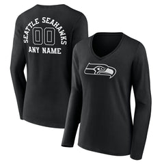 Seattle Seahawks Women's Personalized Name & Number Monochrome Long Sleeve V-Neck T-Shirt Black