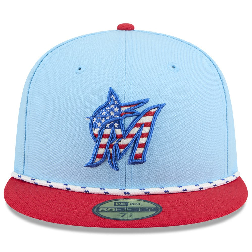 Miami Marlins New Era 2025 Fourth of July 59FIFTY Fitted Hat - Light Blue/Red Hats