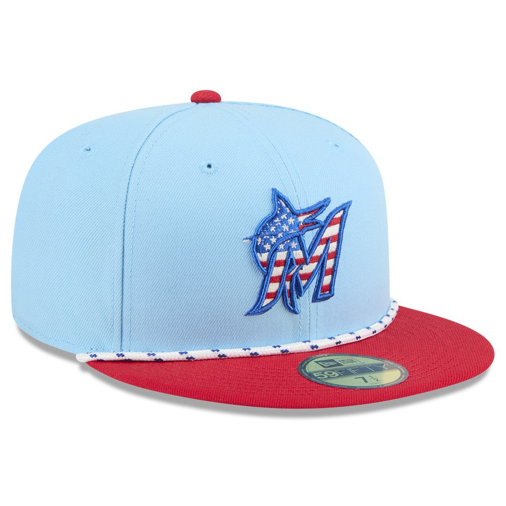 Miami Marlins New Era 2025 Fourth of July 59FIFTY Fitted Hat - Light Blue/Red Hats