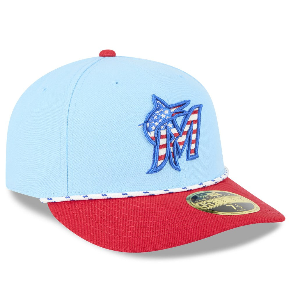 Miami Marlins New Era 2025 Fourth of July Low Profile 59FIFTY Fitted Hat - Light Blue/Red Hats