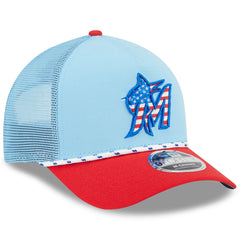 Miami Marlins New Era 2025 Fourth of July 9FORTY A-Frame M-Crown Adjustable Trucker Hat - Light Blue/Red Hats