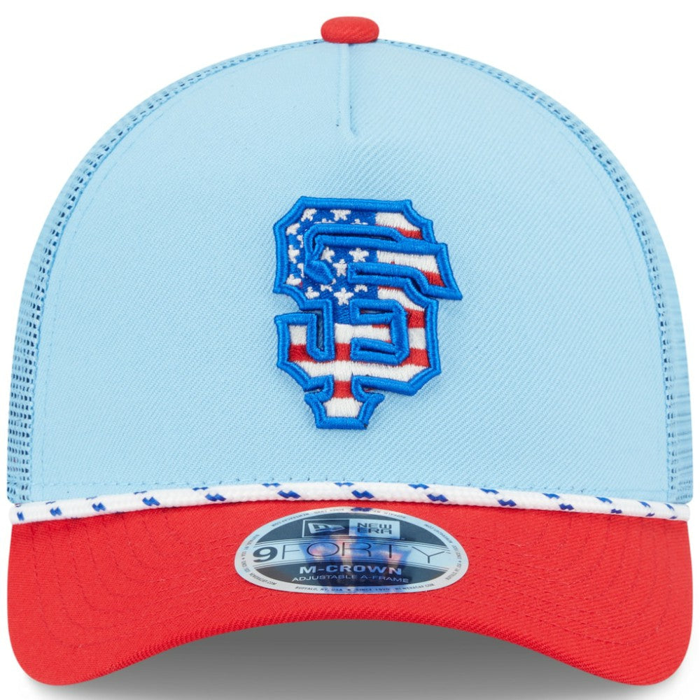 San Francisco Giants New Era 2025 Fourth of July 9FORTY A-Frame M-Crown Adjustable Trucker Hat - Light Blue/Red Hats