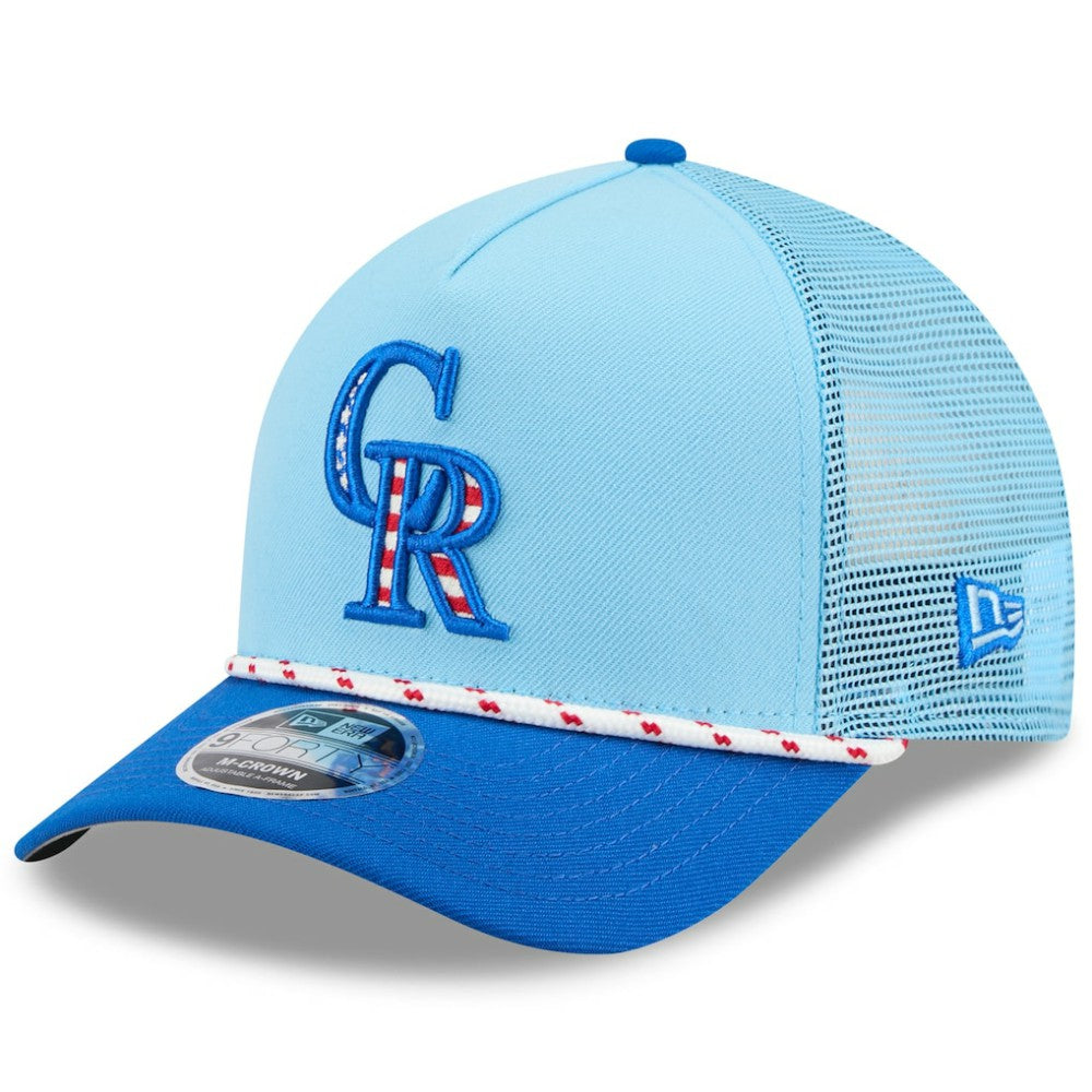 Colorado Rockies New Era 2025 Fourth of July 9FORTY A-Frame M-Crown Adjustable Trucker Hat - Light Blue/Blue Hats