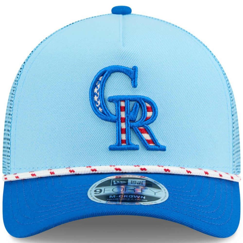 Colorado Rockies New Era 2025 Fourth of July 9FORTY A-Frame M-Crown Adjustable Trucker Hat - Light Blue/Blue Hats