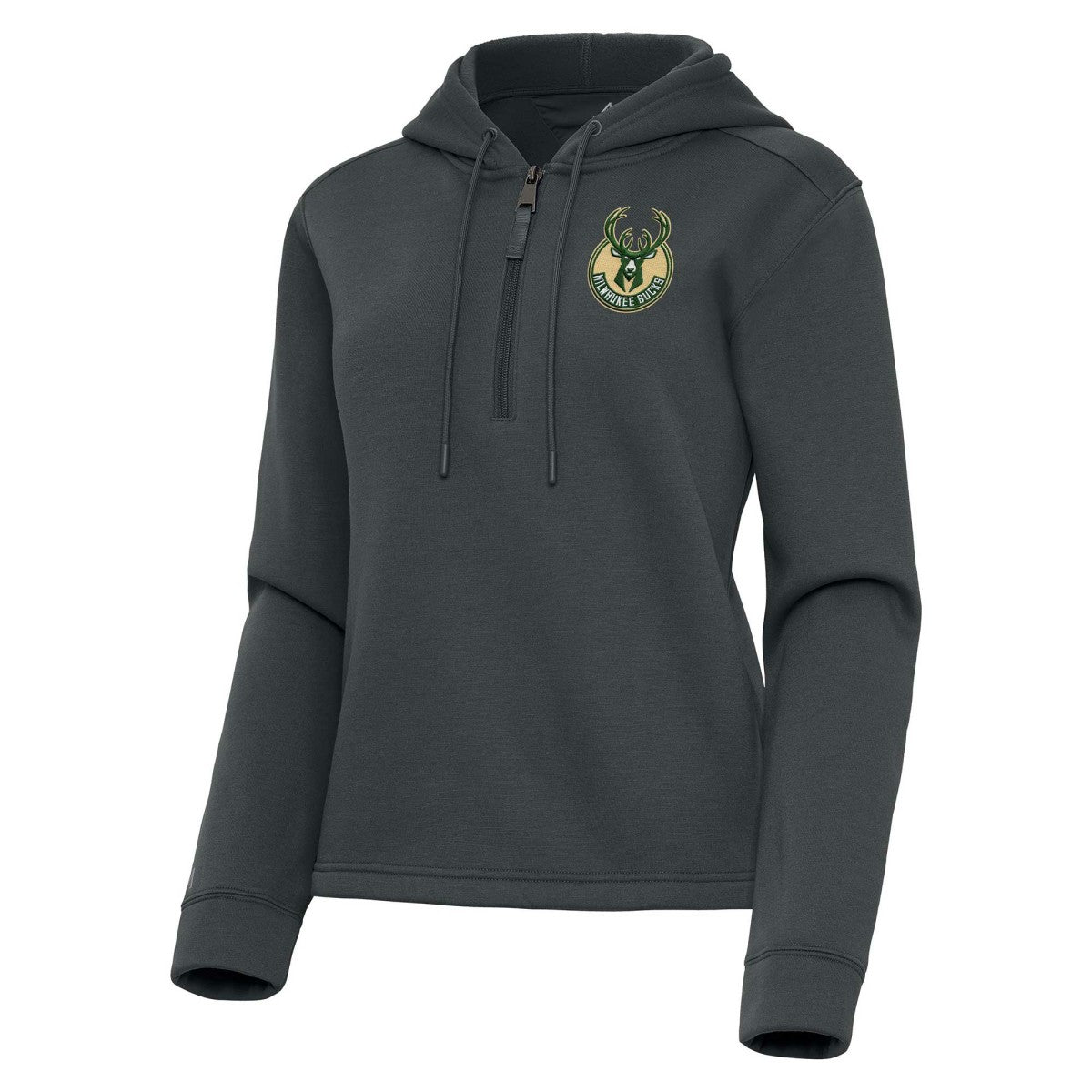 Milwaukee Bucks Antigua Women's Contemporary Quarter-Zip Hoodie Pewter