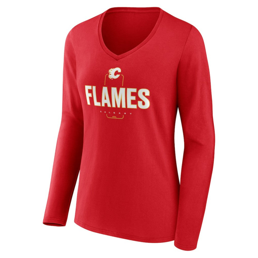 NHL,Custom Calgary Flames Women's Personalized Name & Number Midfielder Long Sleeve V-Neck T-Shirt - Red