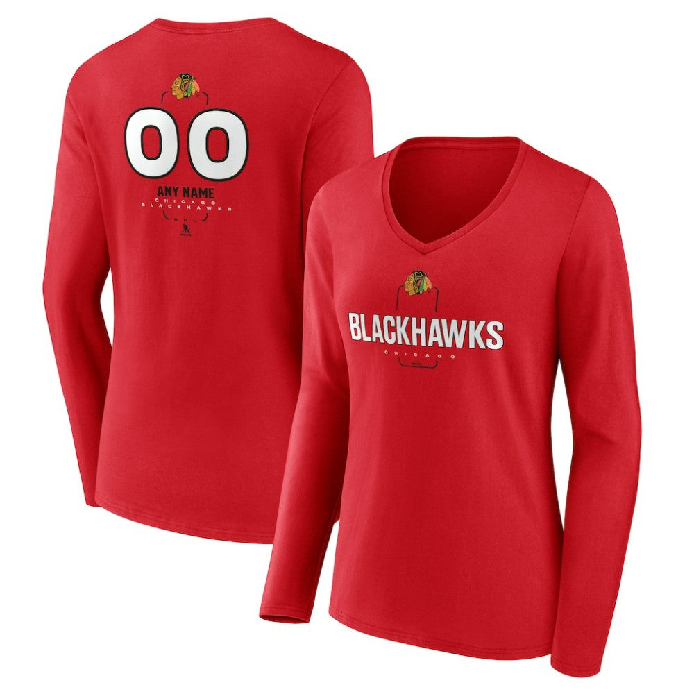 NHL,Custom Chicago Blackhawks Women's Personalized Name & Number Midfielder Long Sleeve V-Neck T-Shirt - Red