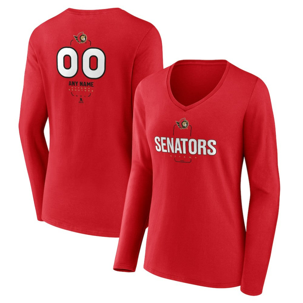 NHL,Custom Ottawa Senators Women's Personalized Name & Number Midfielder Long Sleeve V-Neck T-Shirt - Red