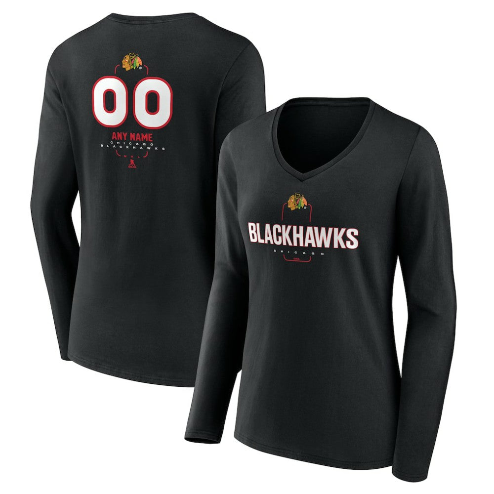 NHL,Custom Chicago Blackhawks Women's Personalized Name & Number Midfielder Long Sleeve V-Neck T-Shirt - Black