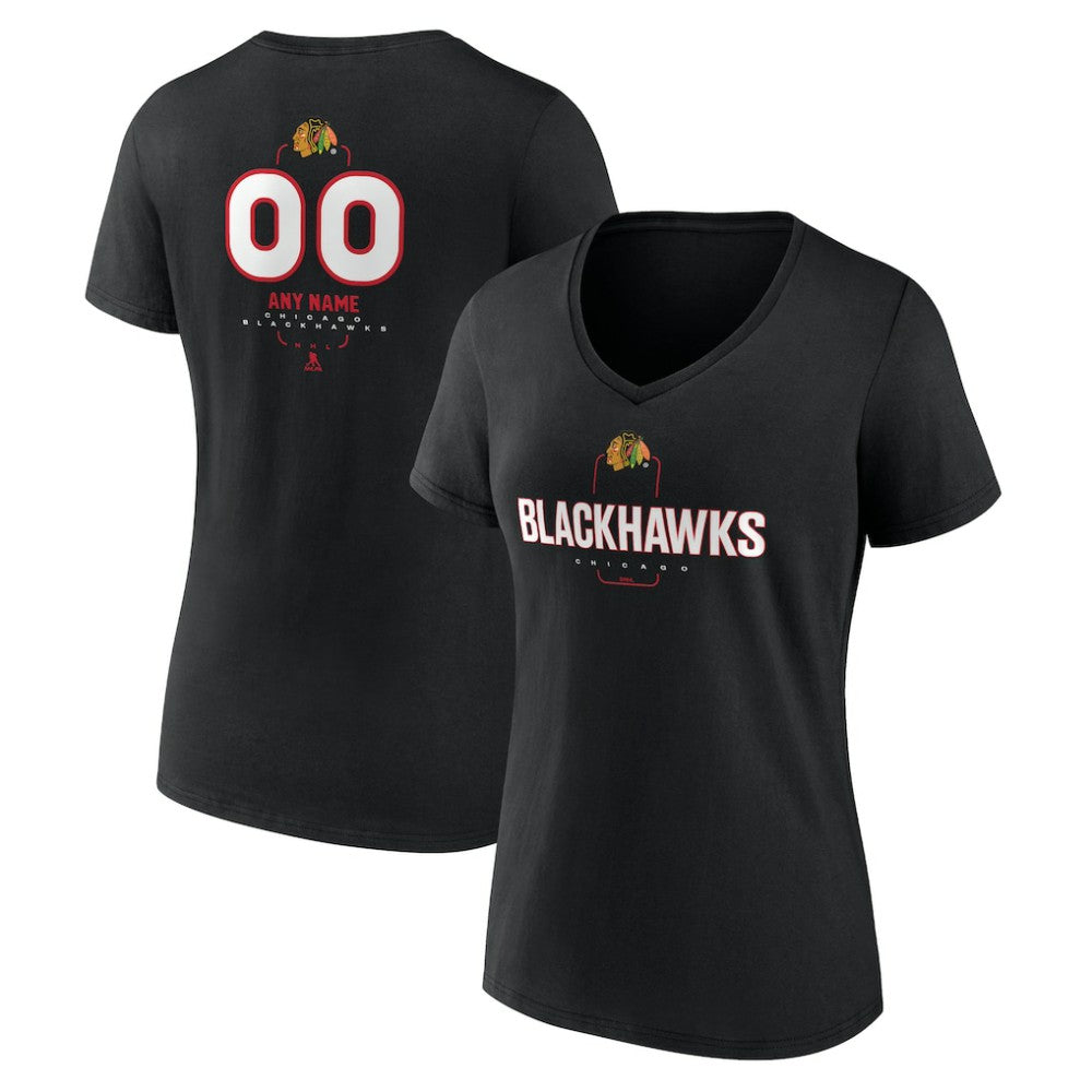 NHL,Custom Chicago Blackhawks Women's Personalized Name & Number Midfielder V-Neck T-Shirt - Black
