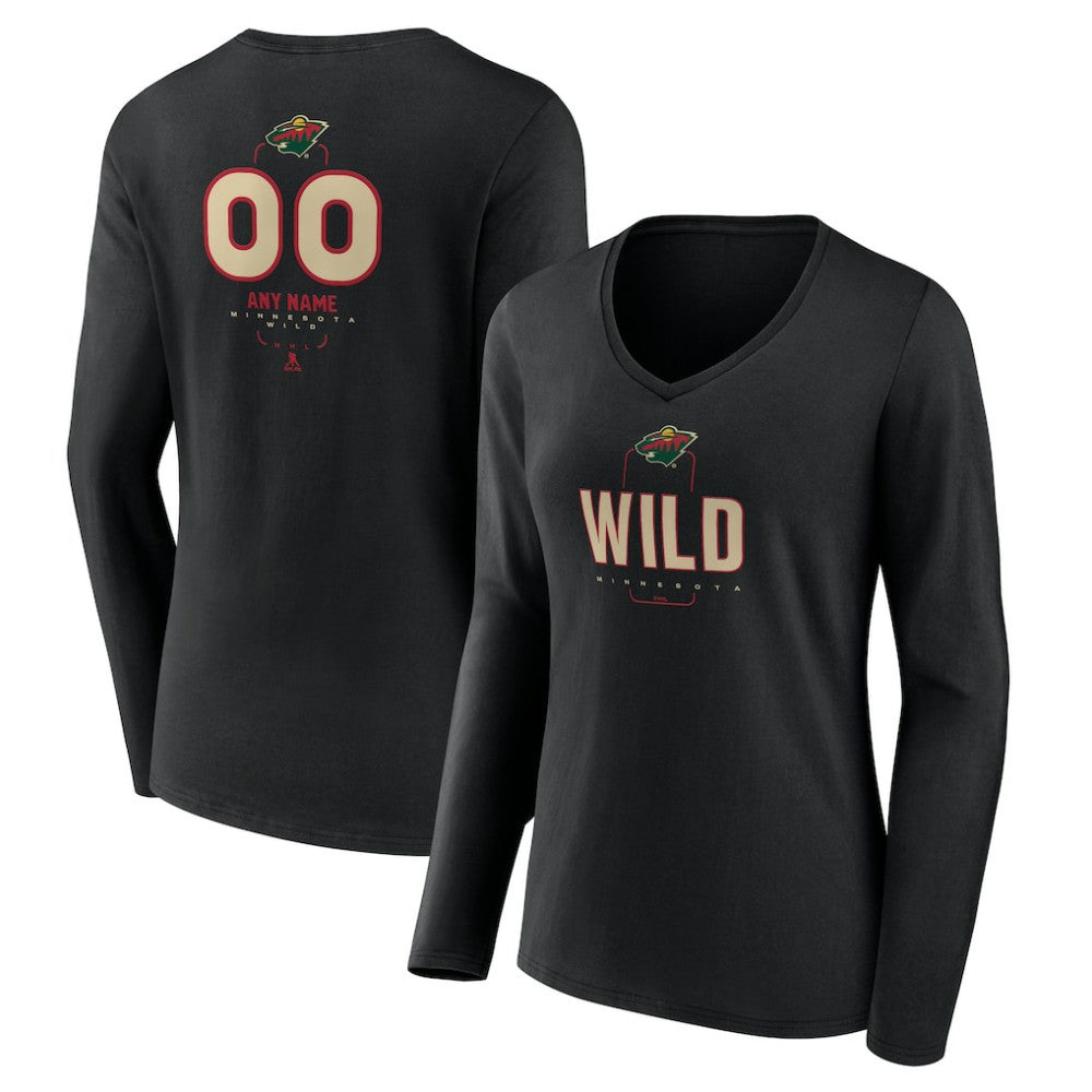 NHL,Custom Minnesota Wild Women's Personalized Name & Number Midfielder Long Sleeve V-Neck T-Shirt - Black