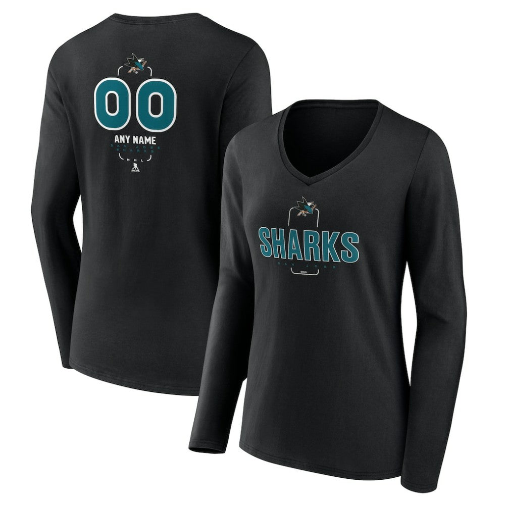 NHL,Custom San Jose Sharks Women's Personalized Name & Number Midfielder Long Sleeve V-Neck T-Shirt - Black