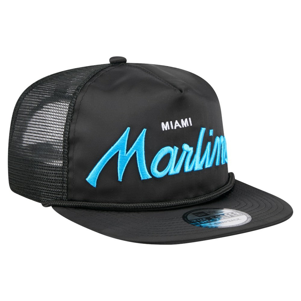 Miami Marlins New Era Retro Satin Script Golfer Adjustable Hat - Black Hats