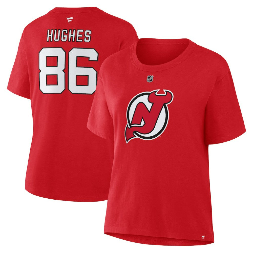 NHL Jack Hughes New Jersey Devils Fanatics Women's Authentic Stack Name & Number T-Shirt - Red