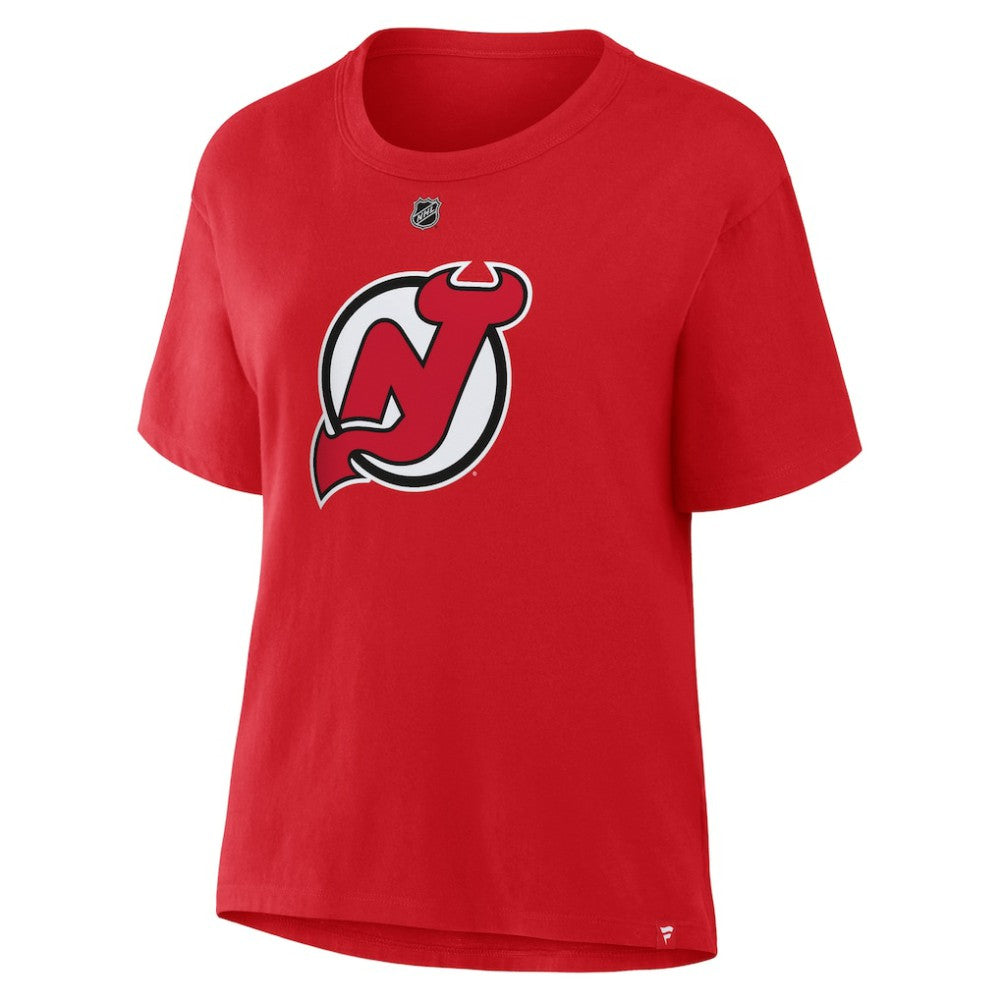 NHL Jack Hughes New Jersey Devils Fanatics Women's Authentic Stack Name & Number T-Shirt - Red