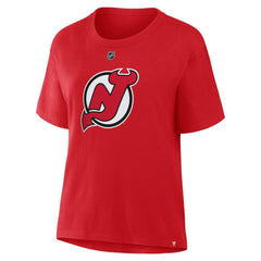 NHL Jack Hughes New Jersey Devils Fanatics Women's Authentic Stack Name & Number T-Shirt - Red