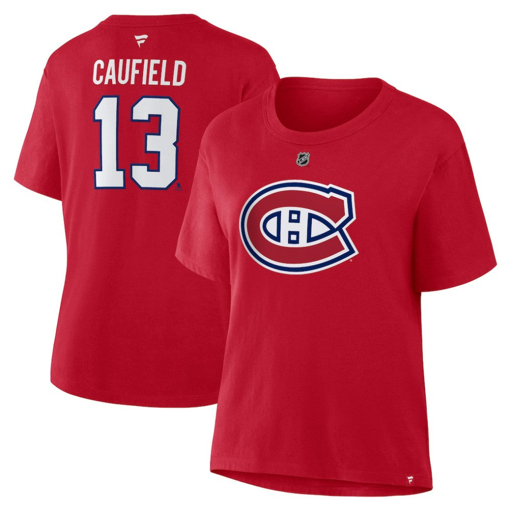 NHL Cole Caufield Montreal Canadiens Fanatics Women's Authentic Stack Name & Number T-Shirt - Red