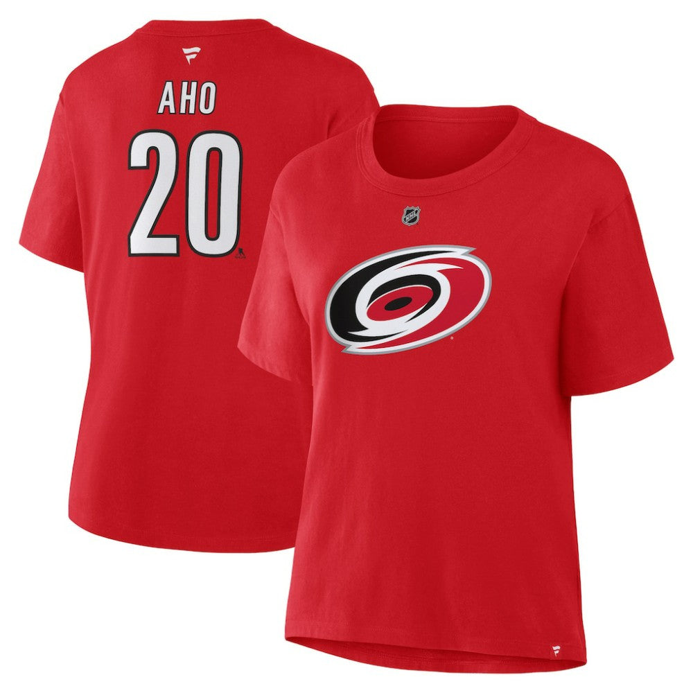 NHL Sebastian Aho Carolina Hurricanes Fanatics Women's Authentic Stack Name & Number T-Shirt - Red