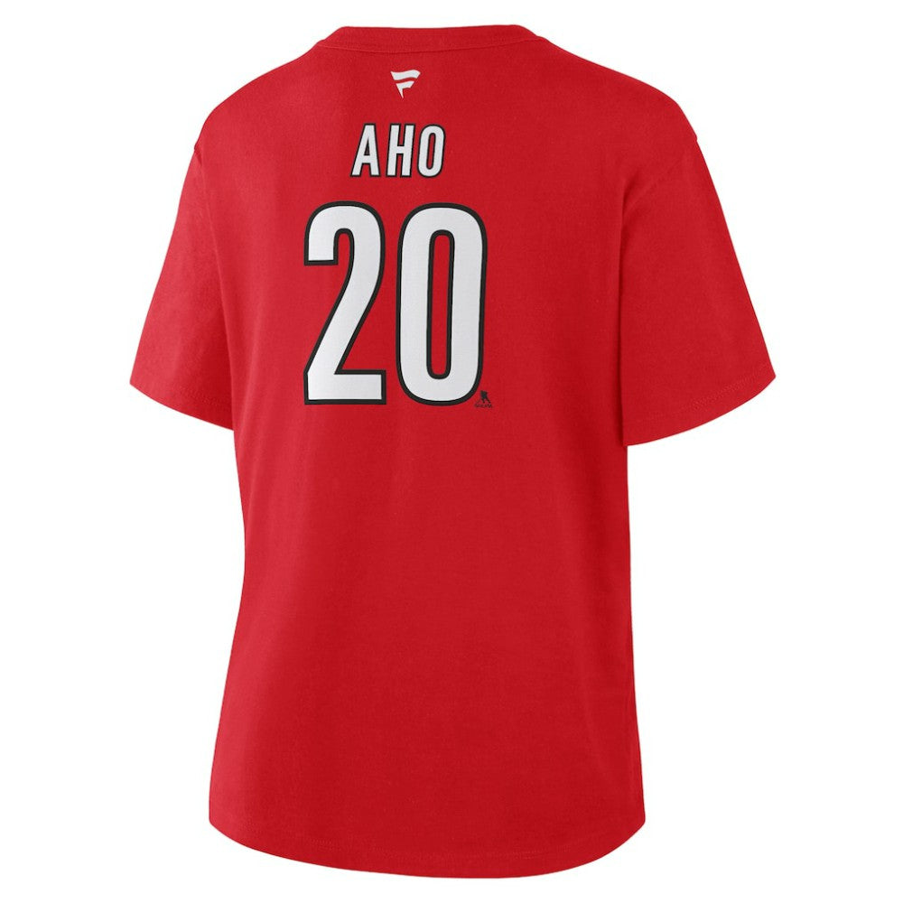 NHL Sebastian Aho Carolina Hurricanes Fanatics Women's Authentic Stack Name & Number T-Shirt - Red